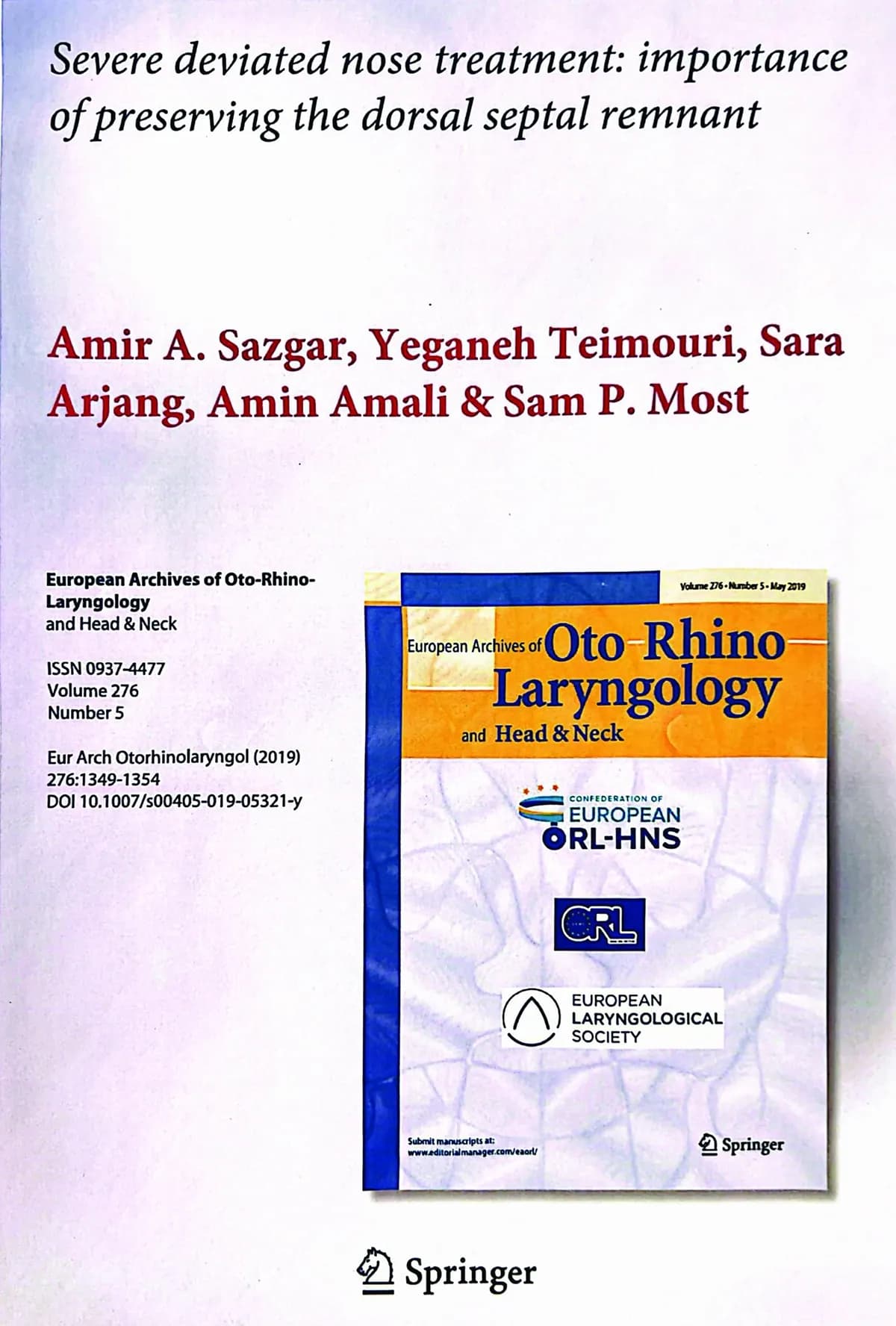 سجل نشر بحث شاركت في تأليفه د. سارا أرجانج في مجلة European Archives of Oto-Rhino-Laryngology.