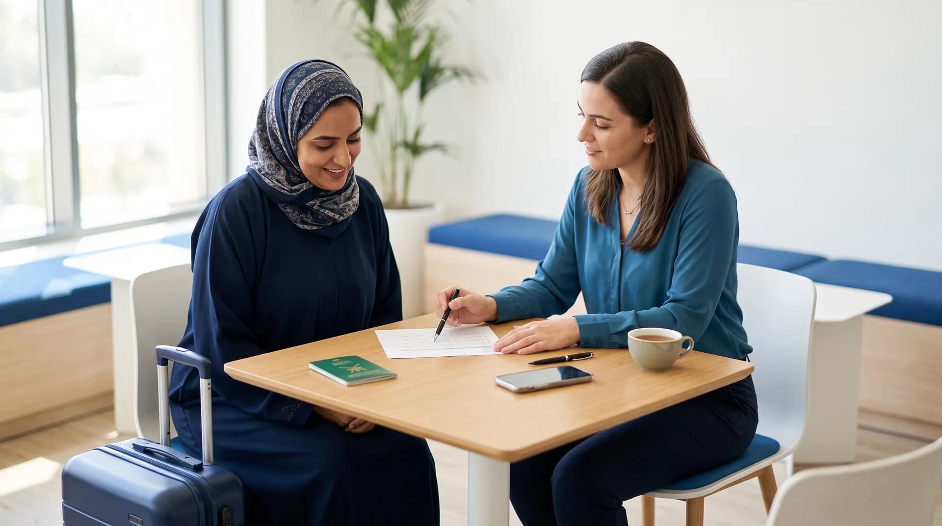 An adult and a travel coordinator reviewing a journey plan at a bright table.