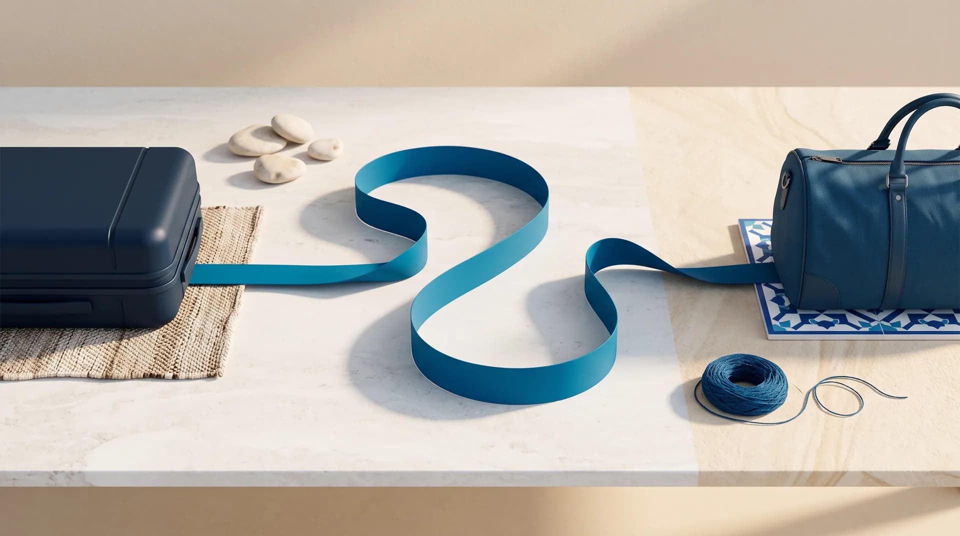 Two travel cases joined by a simple blue path, a coordinated journey.