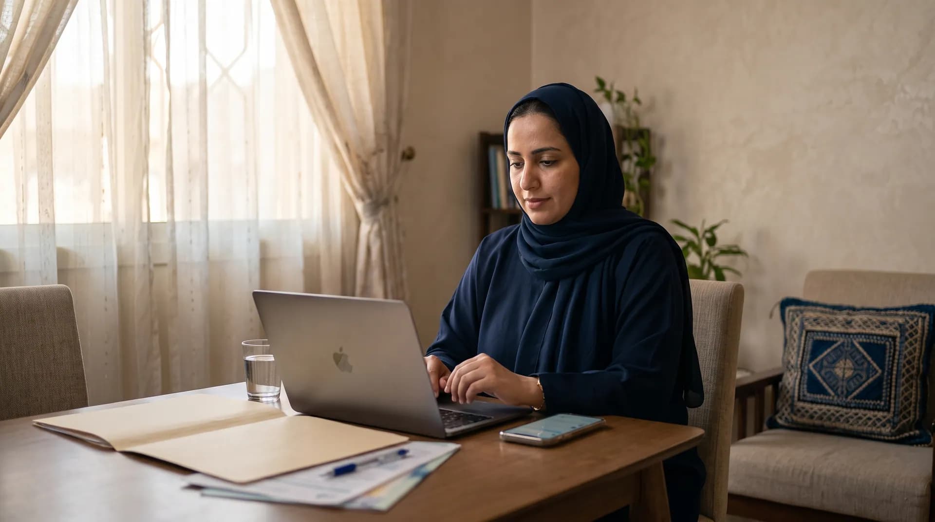 امرأة عُمانية في المنزل تستعد لمكالمة متابعة خاصة.