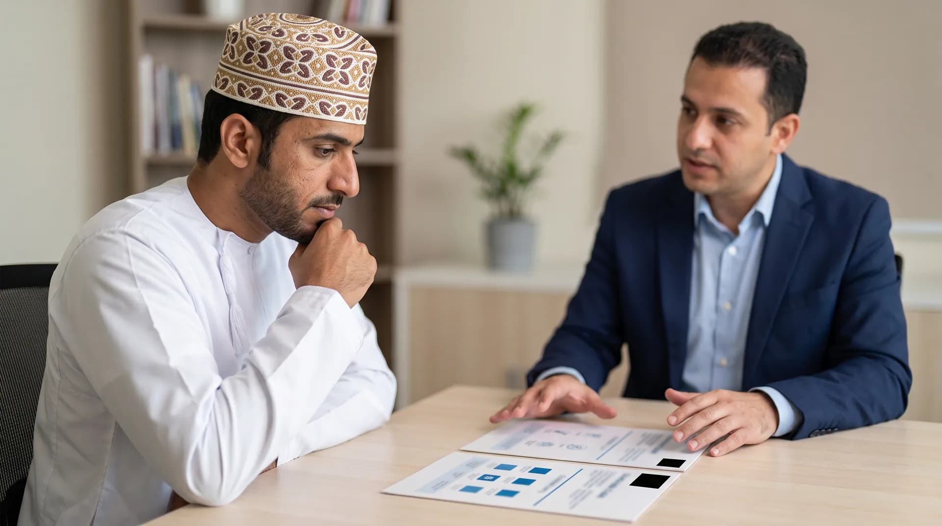 An Omani man in traditional dress discussing cosmetic and functional goals in consultation.