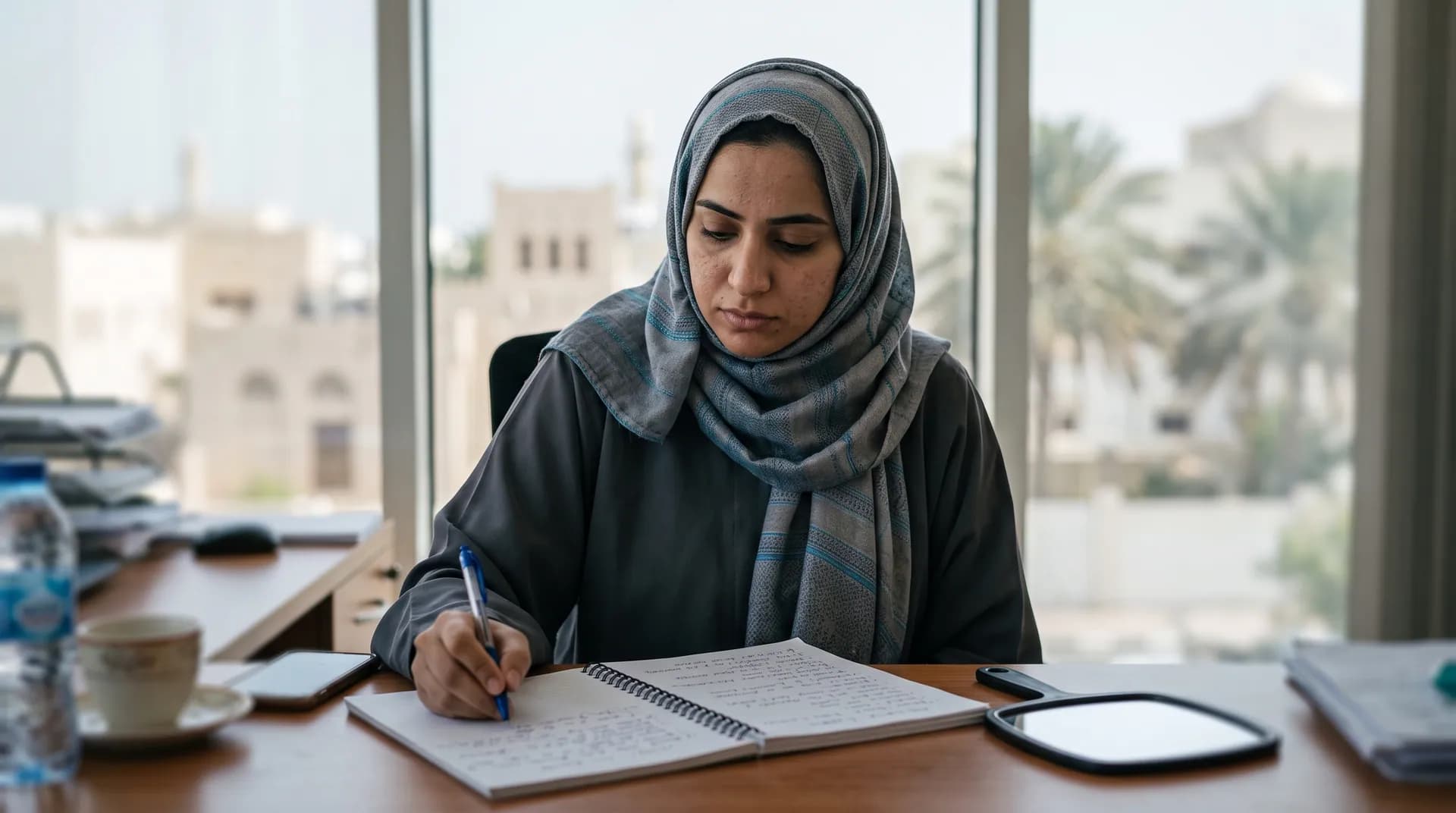 An Omani woman preparing questions before a rhinoplasty consultation.