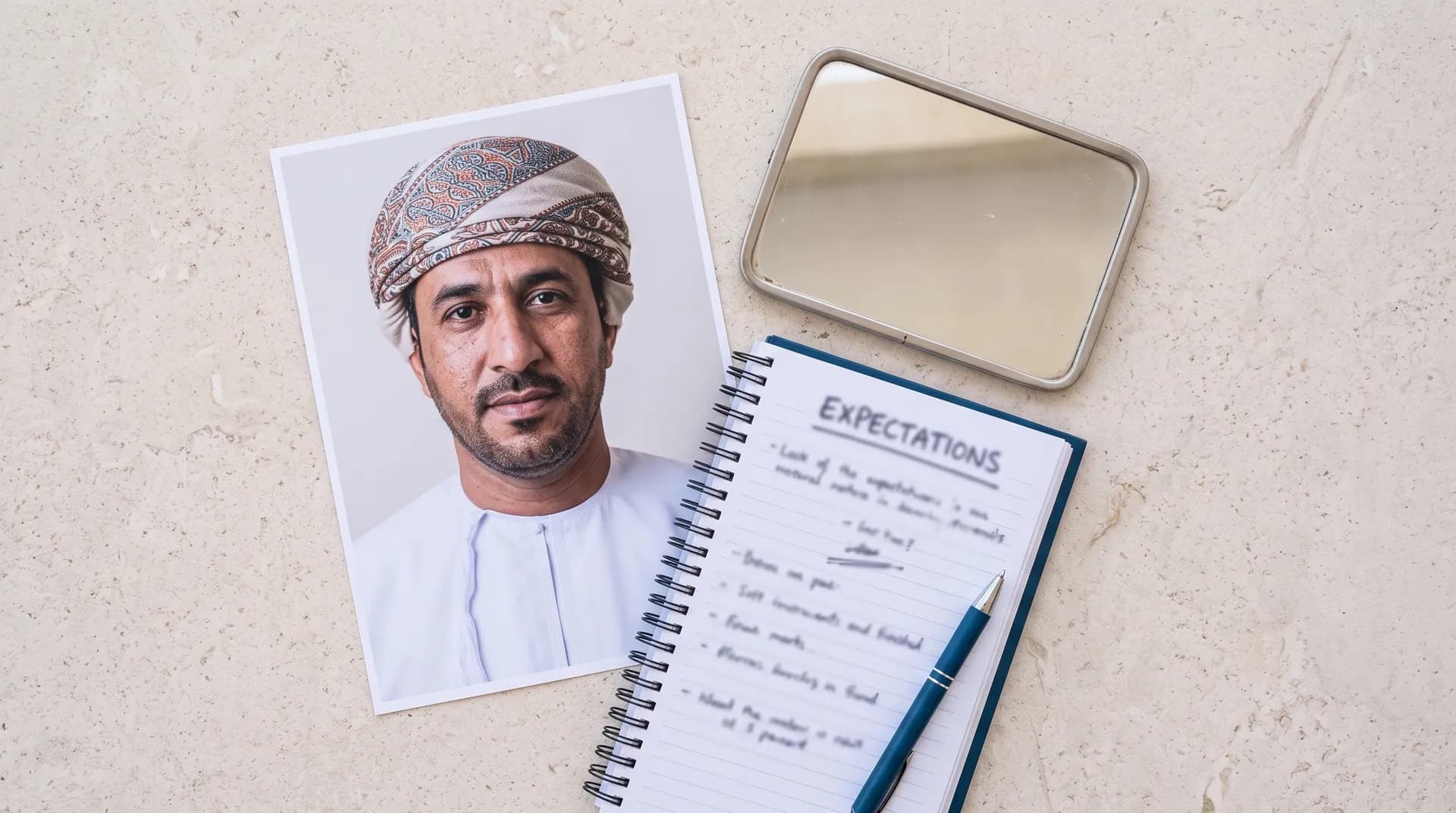 A natural Omani portrait beside a finished expectations notebook.