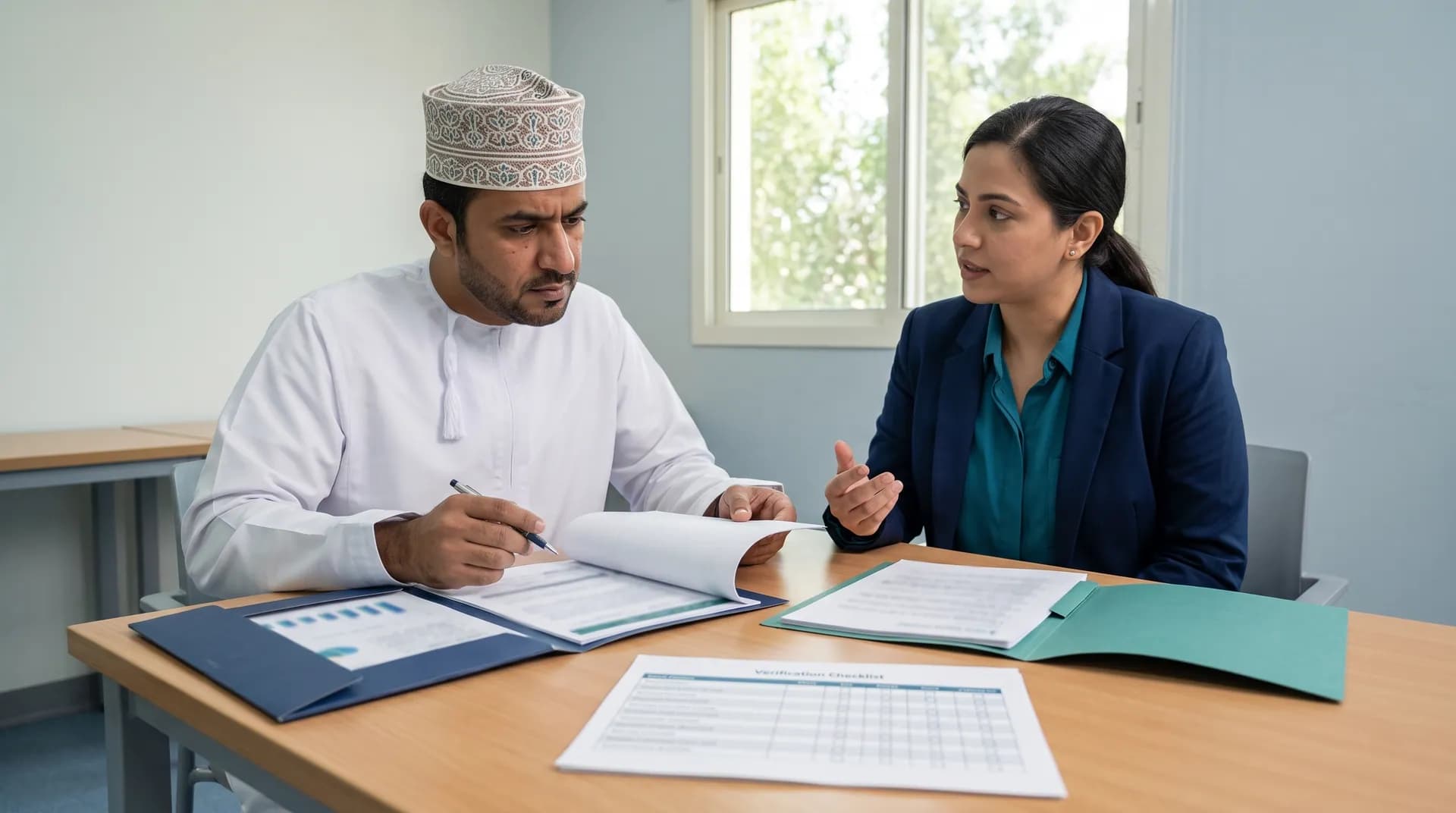 An Omani man comparing finished provider folders with a verification checklist.
