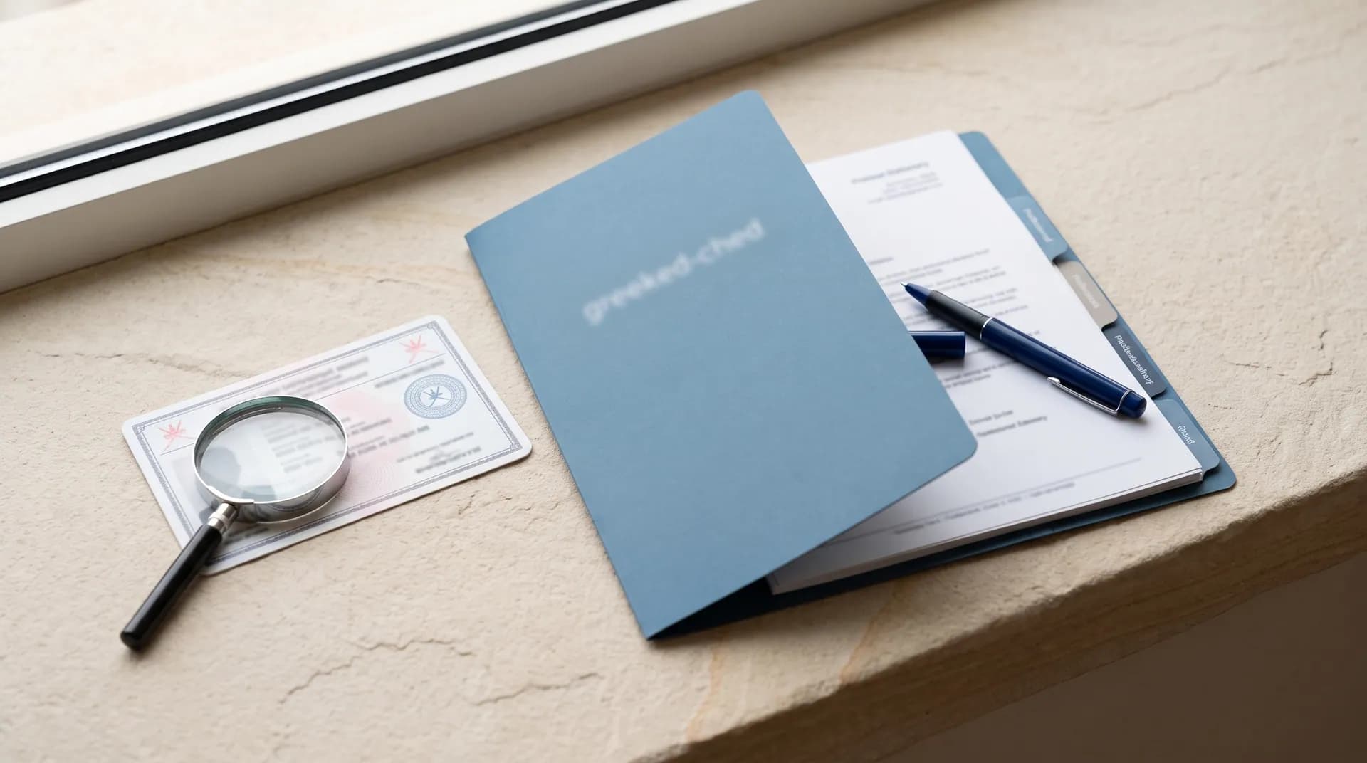A magnifying glass over a finished-looking credential card for verification.