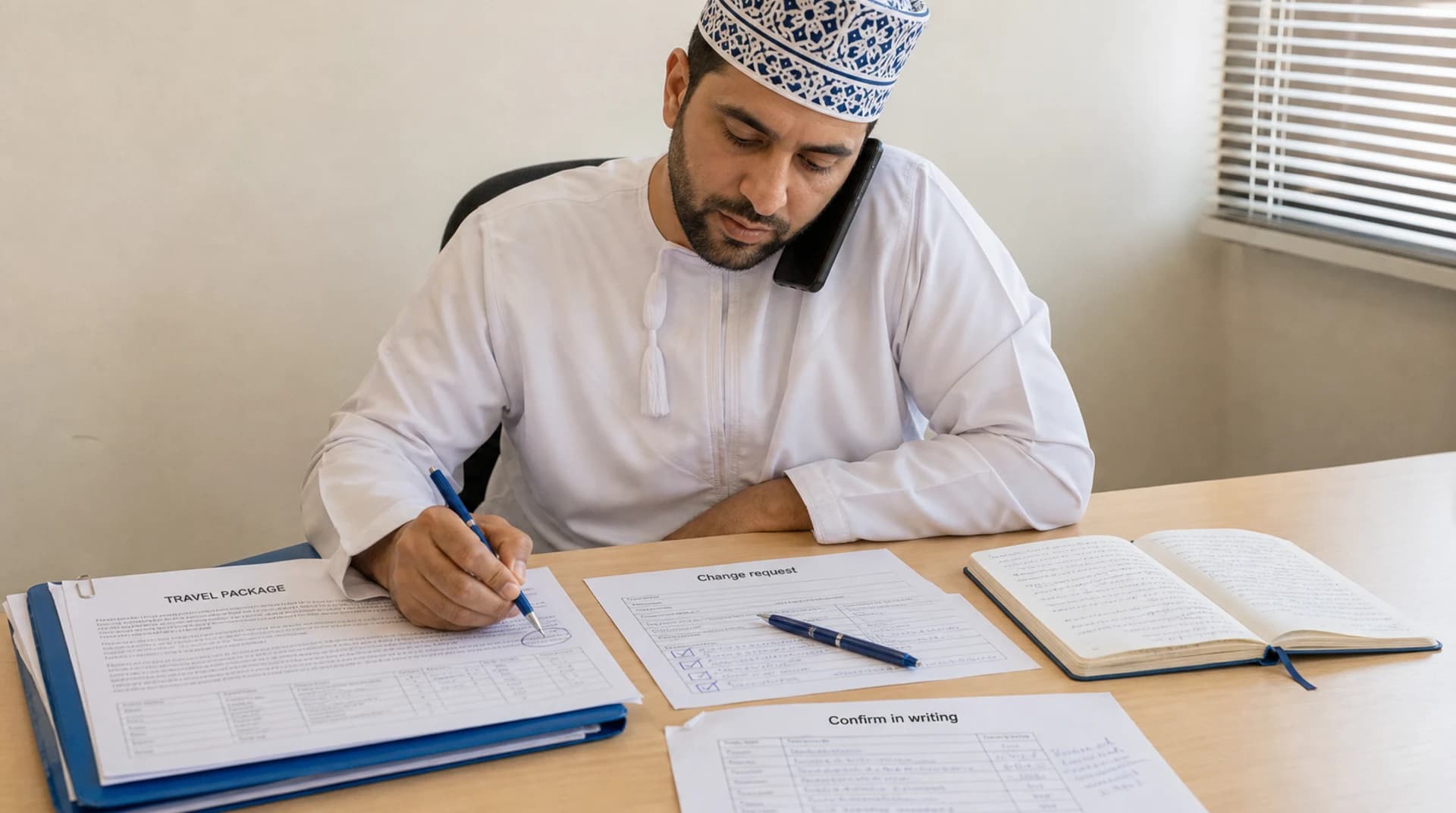 رجل عُماني في مكالمة هاتفية يضع دائرة حول سطر في ورقة الباقة المطبوعة.