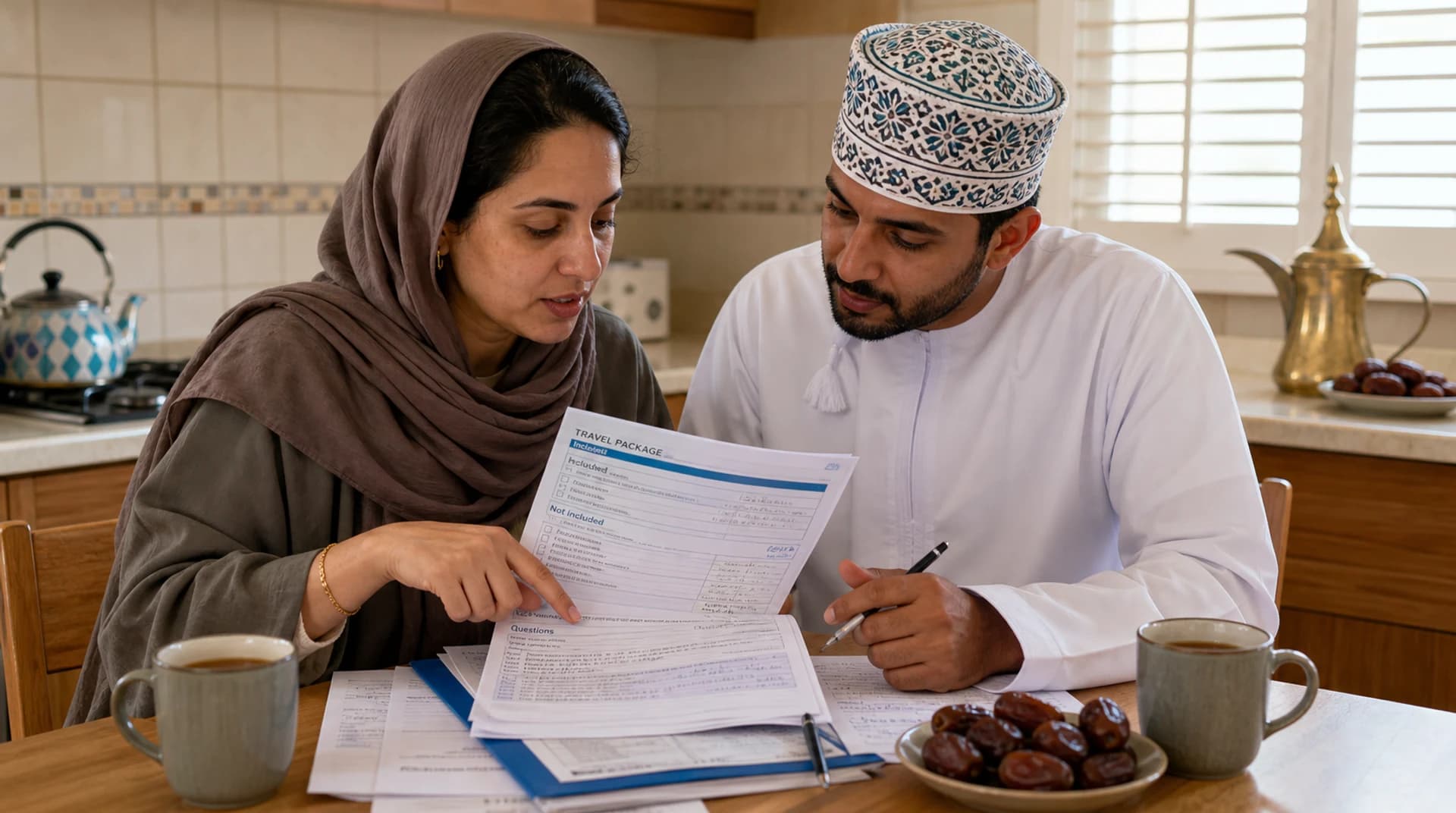 زوجان عُمانيان يقرآن معاً مستند باقة السفر المطبوع على طاولة المطبخ.