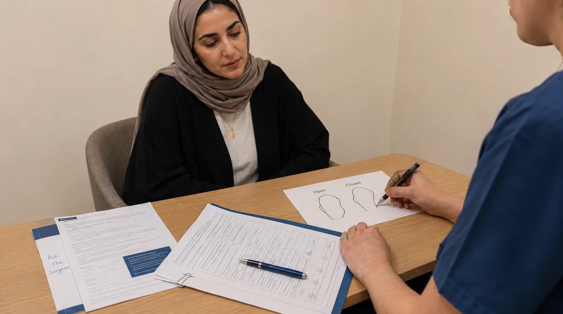 امرأة عُمانية تصغي بينما يرسم الطبيب خيارين موسومين على الورق.