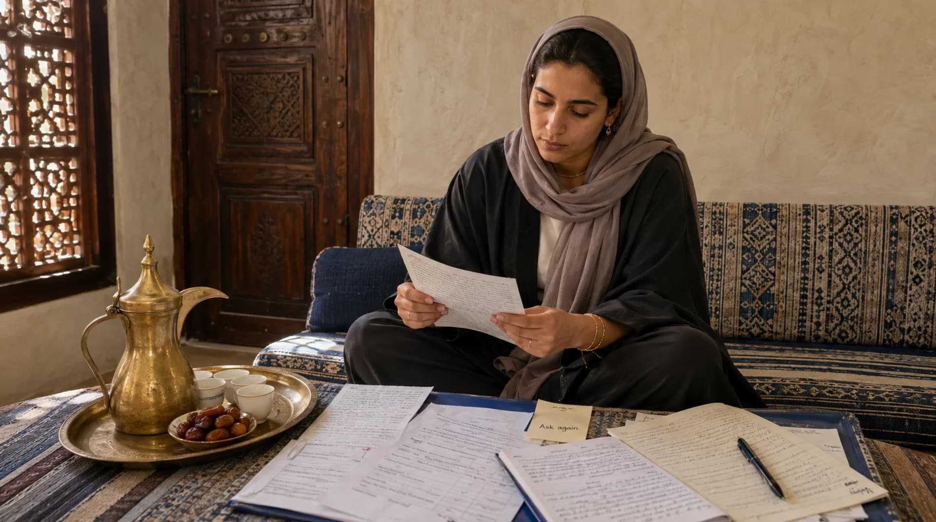 امرأة عُمانية تعيد قراءة ملاحظات الاستشارة في المنزل على مقعد المجلس.