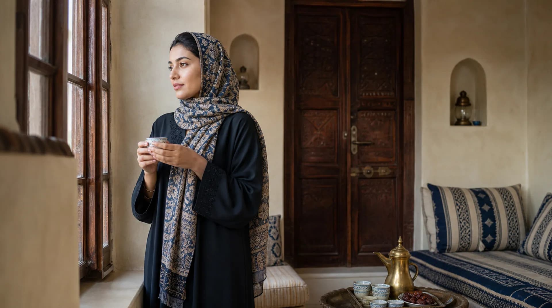 امرأة عُمانية تقف عند النافذة ممسكة بفنجان شاي وهي تفكر.