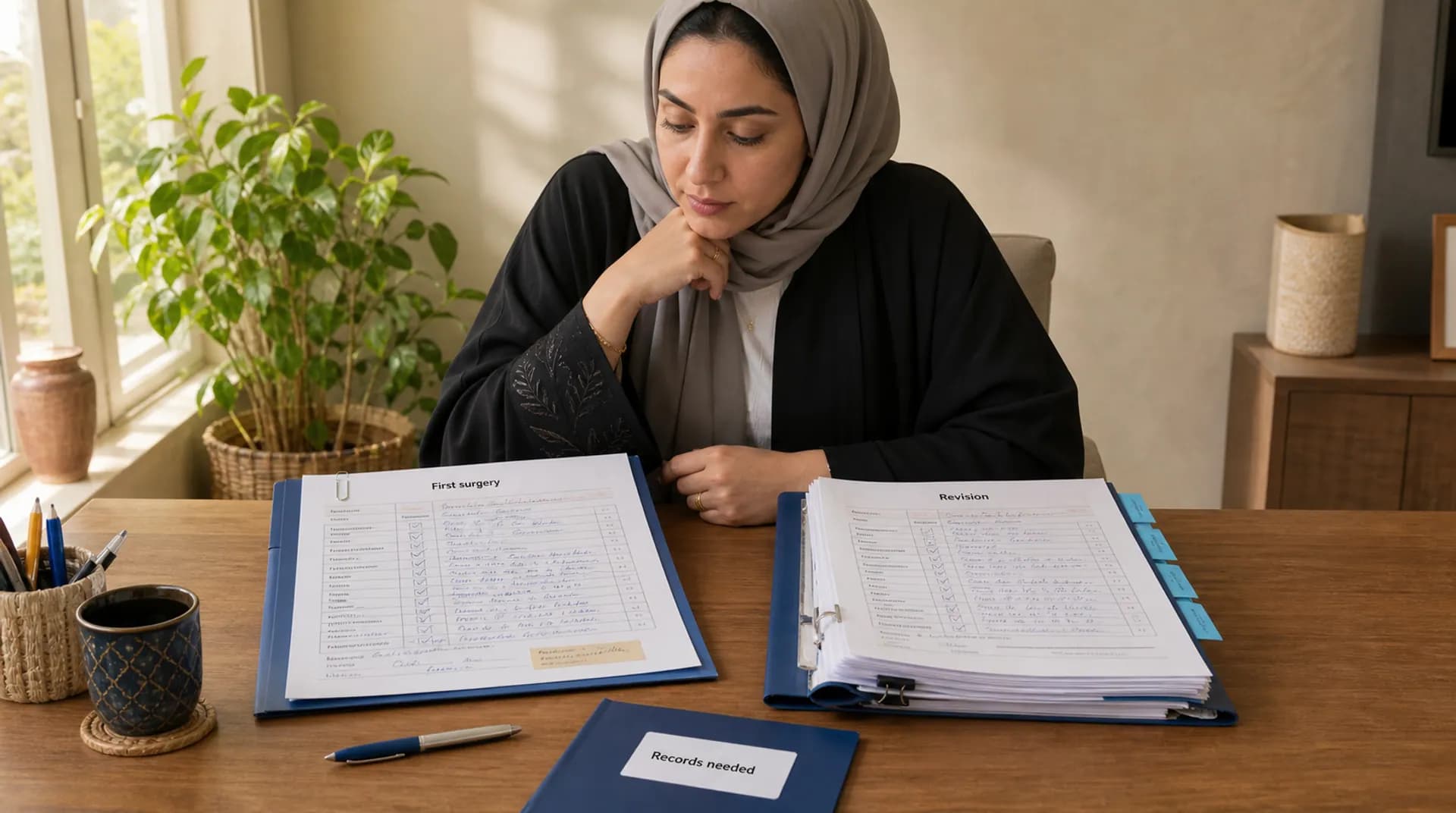 امرأة عُمانية تقارن بين ملف رقيق وآخر أكثر سماكة على المكتب.