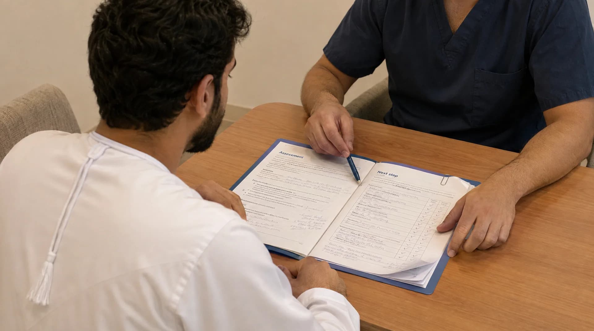 مريض وطبيب يميلان نحو ملف مفتوح على طاولة الاستشارة.