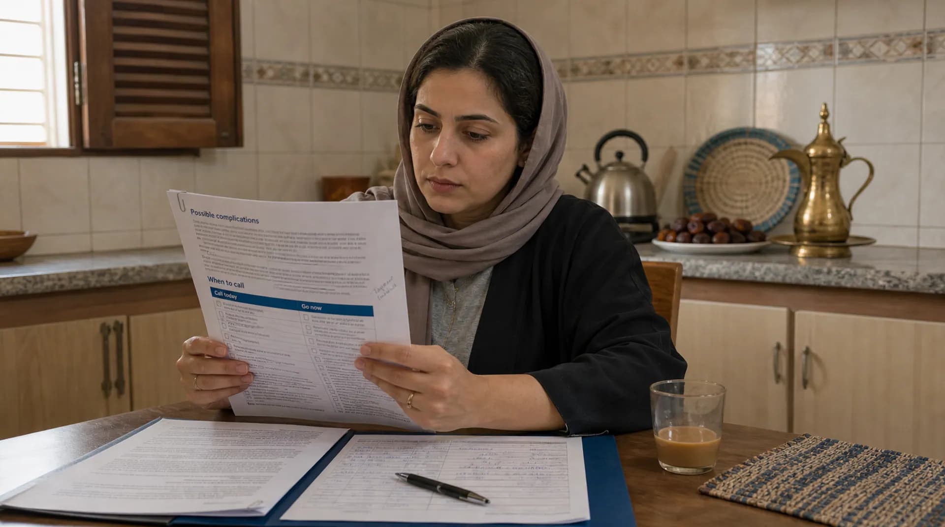 امرأة عُمانية تقرأ نشرة مطبوعة عن المضاعفات على طاولة مطبخها.