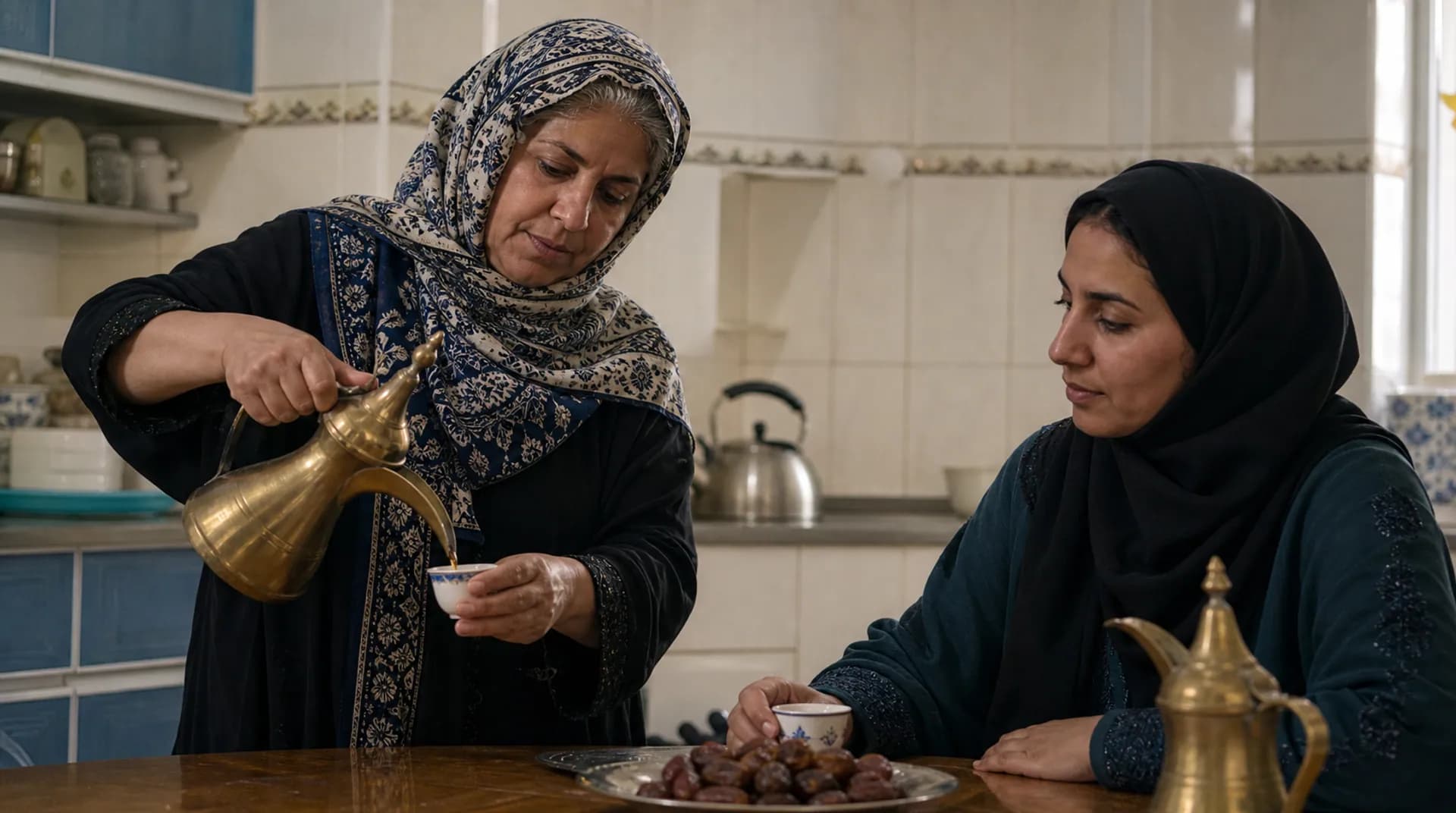 امرأة عُمانية كبيرة تصب القهوة بينما تجلس امرأة أصغر إلى طاولة المطبخ.