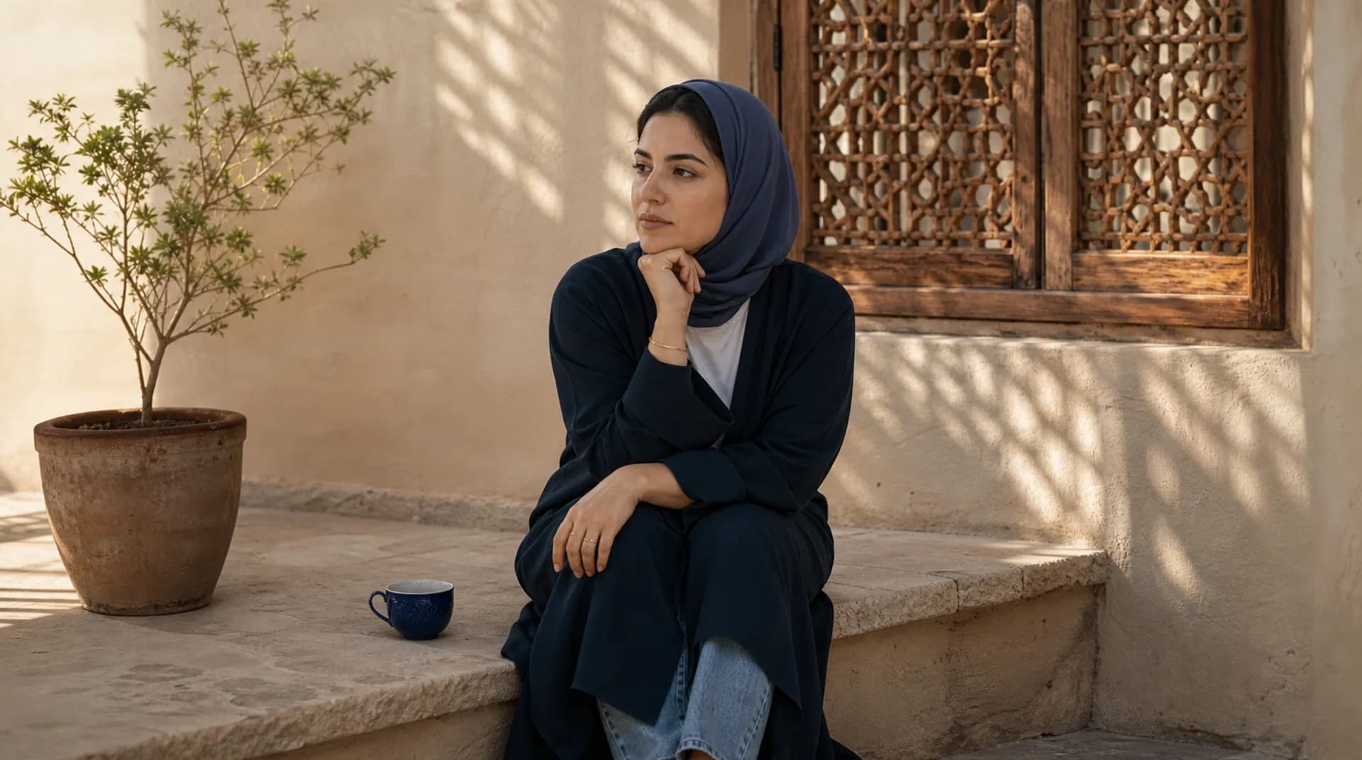 امرأة عُمانية تجلس على درجة الفناء في ضوء الصباح مع فنجان شاي.