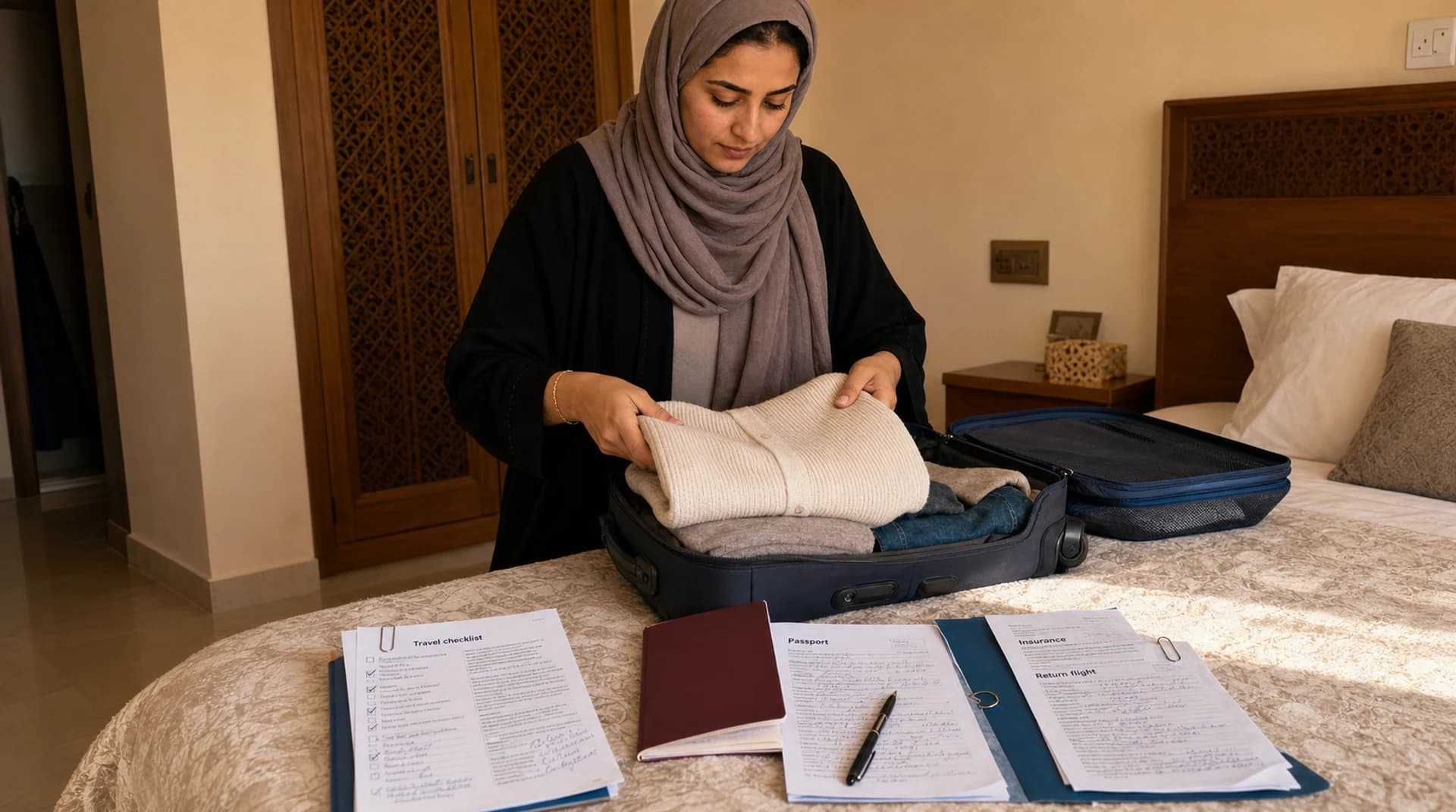 امرأة عُمانية تحزم حقيبة صغيرة والوثائق مبسوطة على السرير.