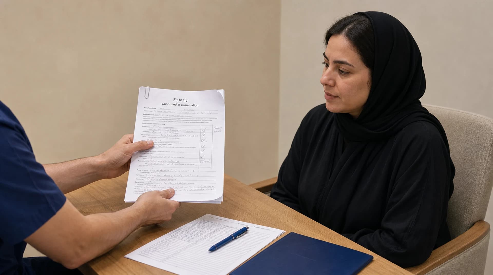 طبيب يُدير ملاحظة مطبوعة قصيرة نحو المريضة الجالسة.