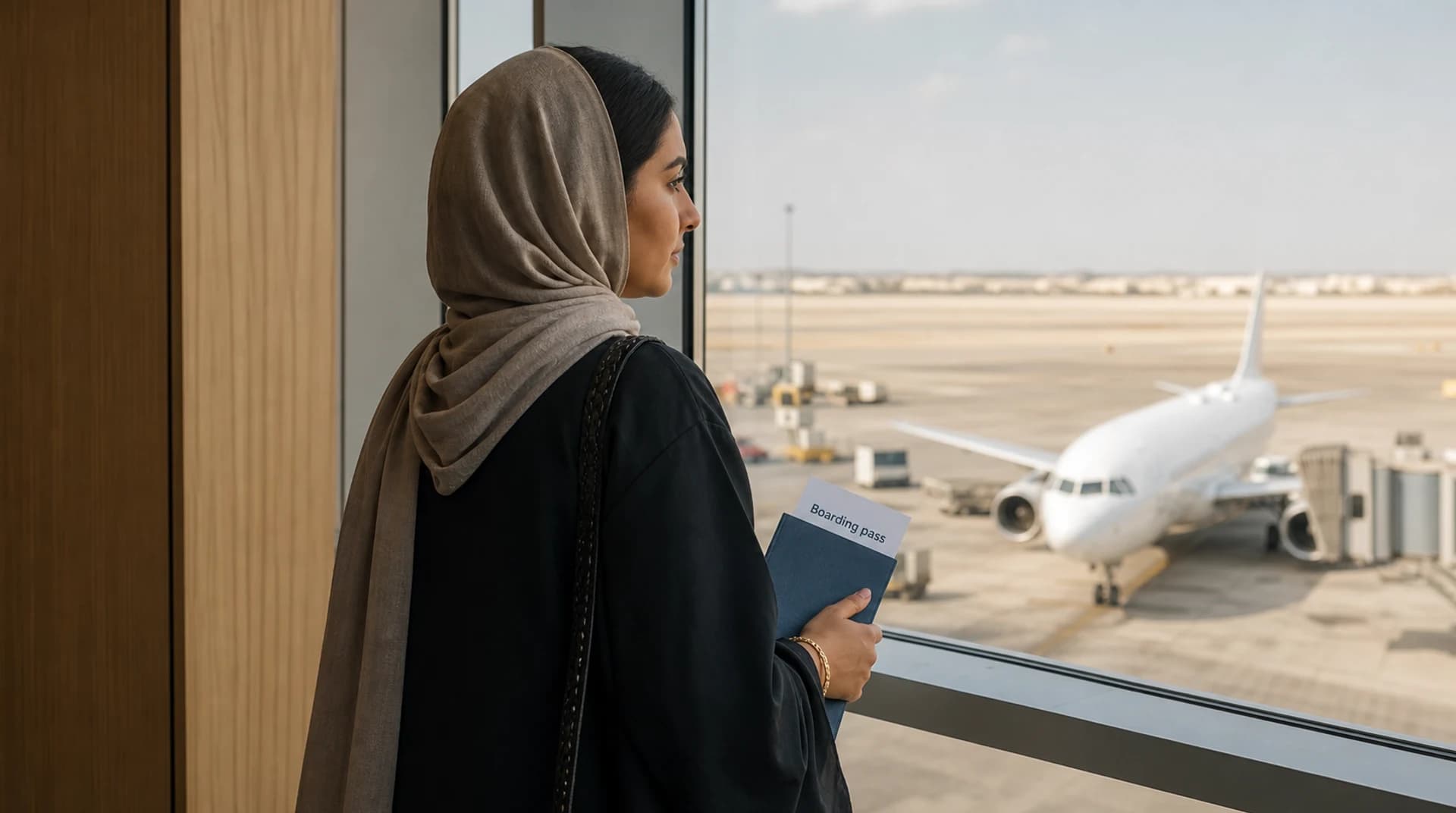 امرأة عُمانية عند نافذة المطار تحمل بطاقة صعود مطوية.