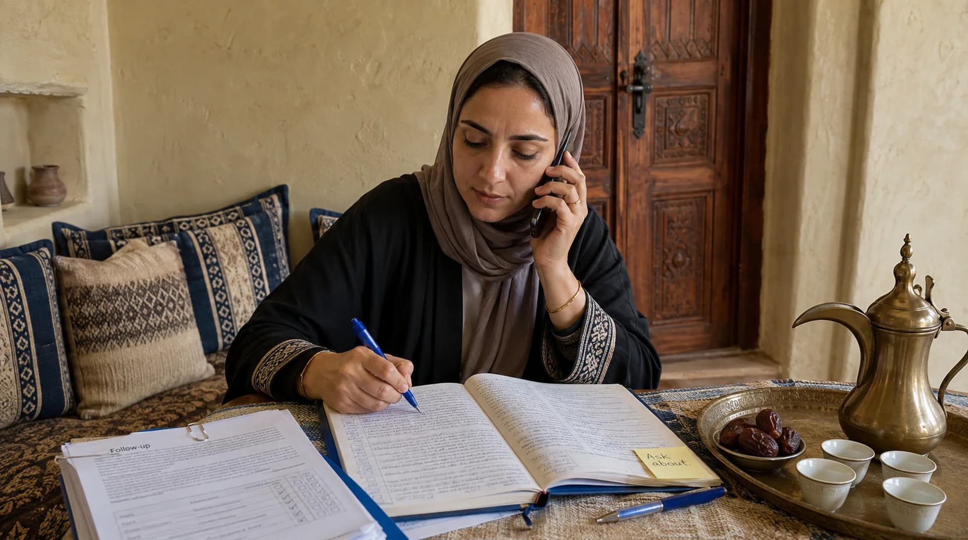 امرأة عُمانية في مكالمة هاتفية بالمنزل تكتب في دفتر مفتوح وهي تصغي.