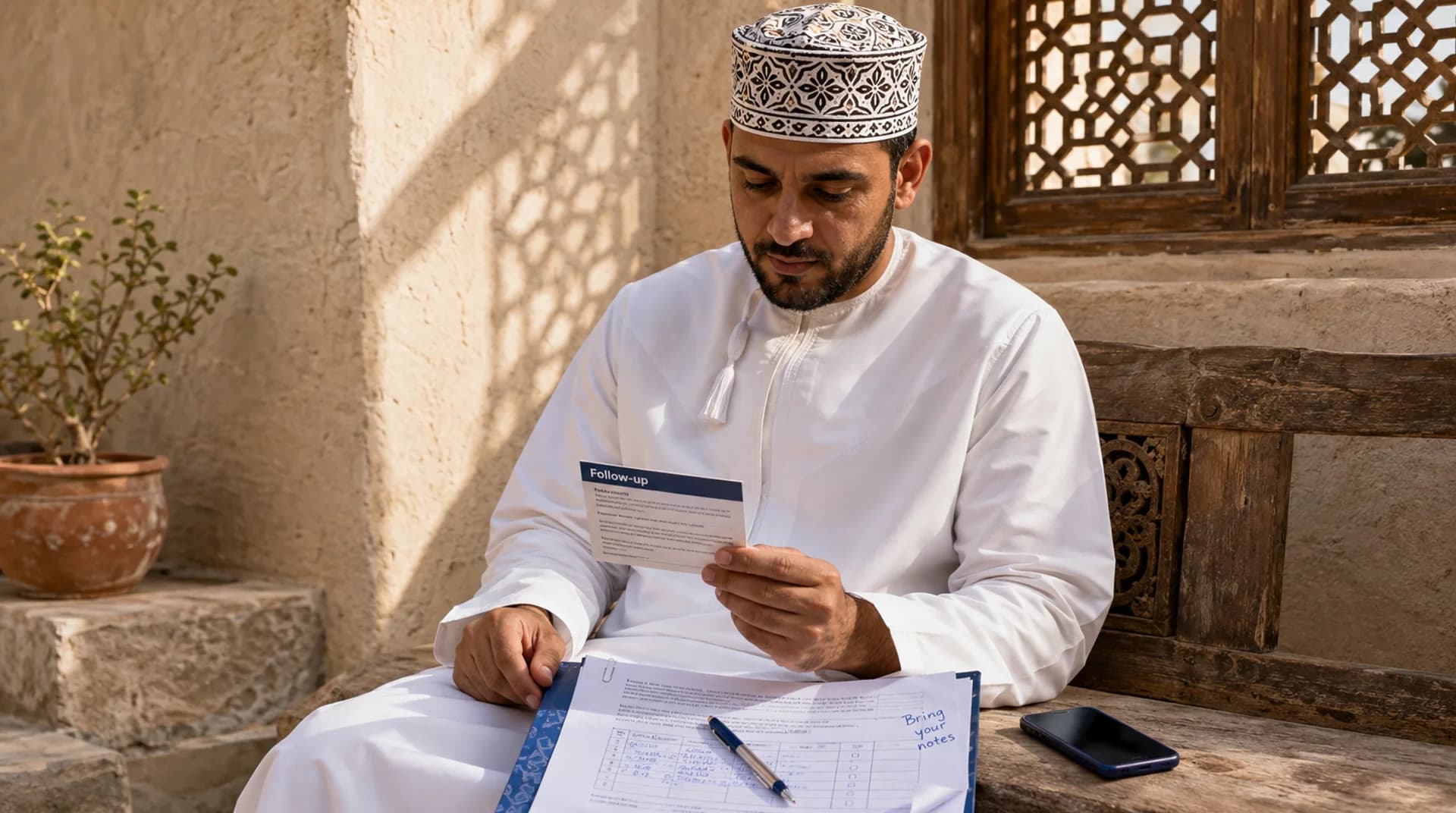 رجل عُماني على مقعد في الفناء ينظر إلى بطاقة موعد مطبوعة صغيرة.