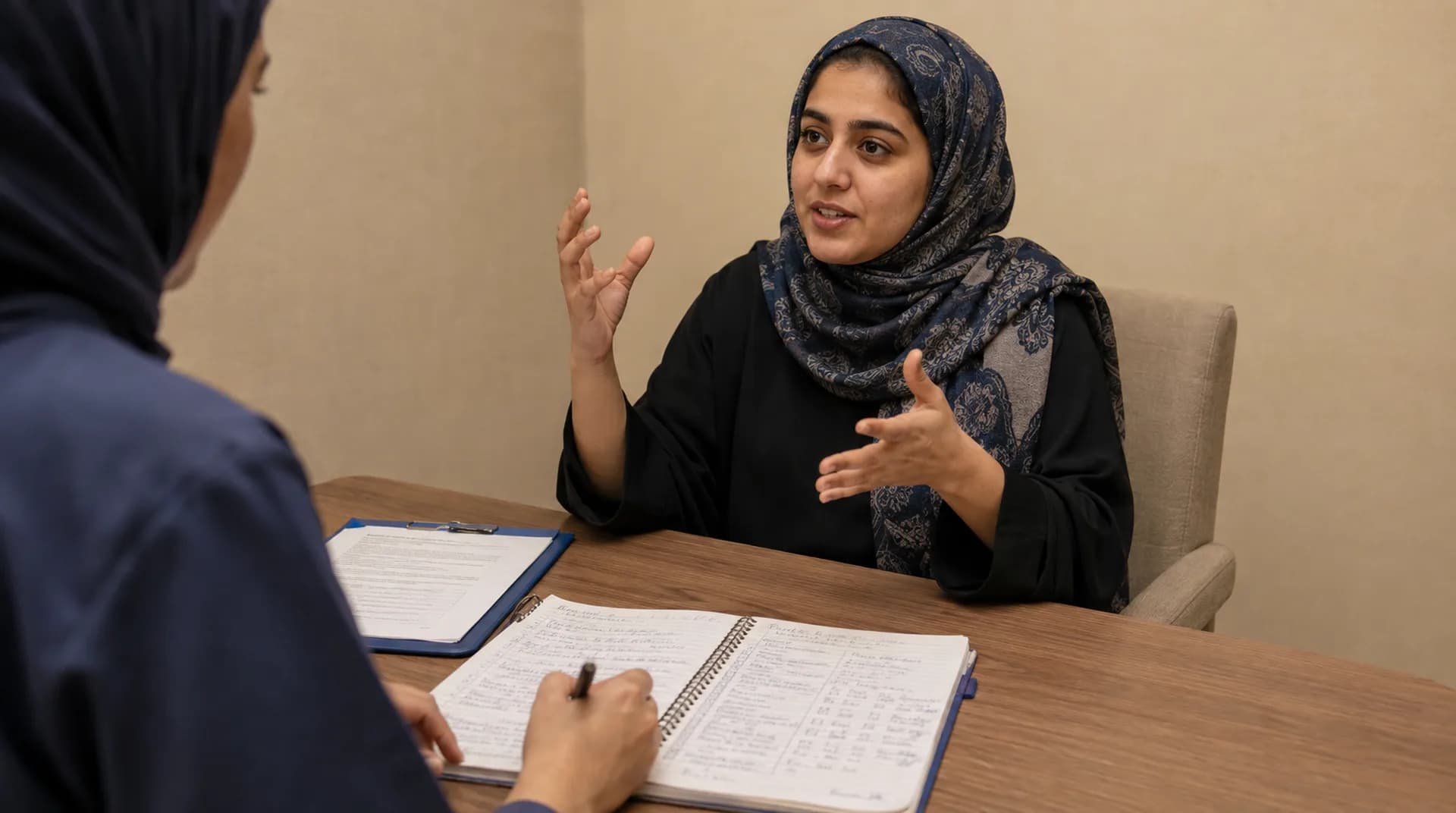 امرأة عُمانية تشرح ما تريده بينما يدوّن الطبيب كلامها.