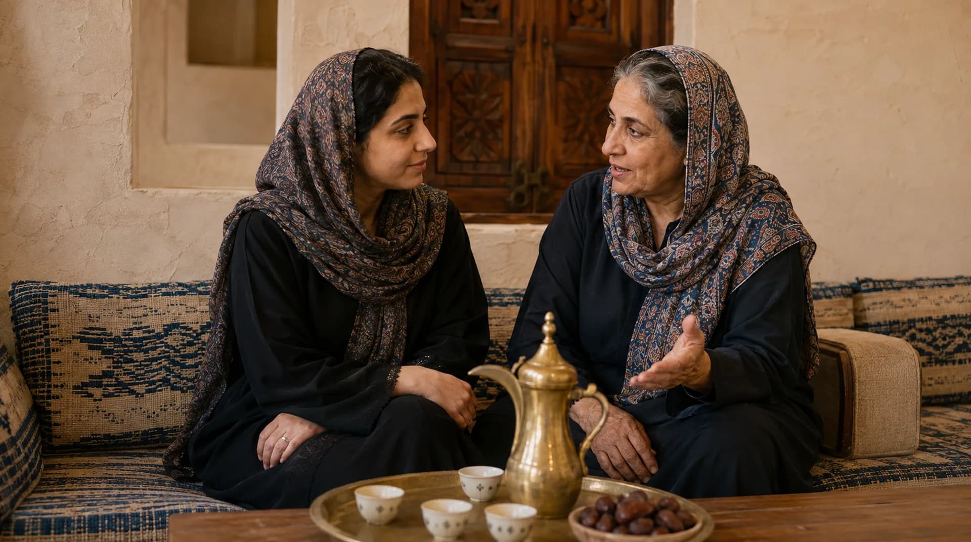 امرأة عُمانية شابة وأخرى كبيرة تجلسان معاً وتظهر بينهما ملامح عائلية.