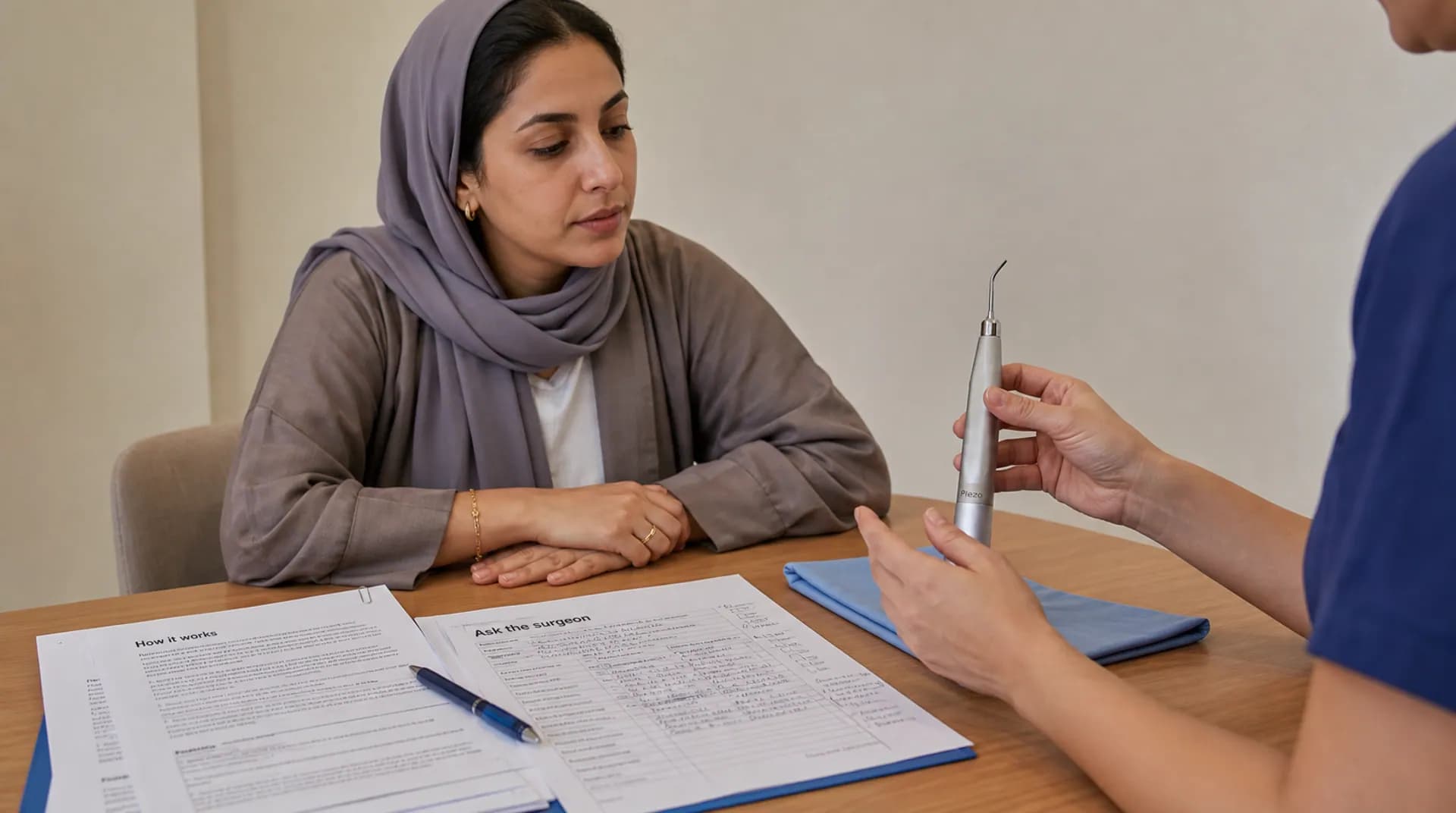 طبيب يعرض قطعة يد فوق صوتية على الطاولة لامرأة عُمانية تصغي إليه.