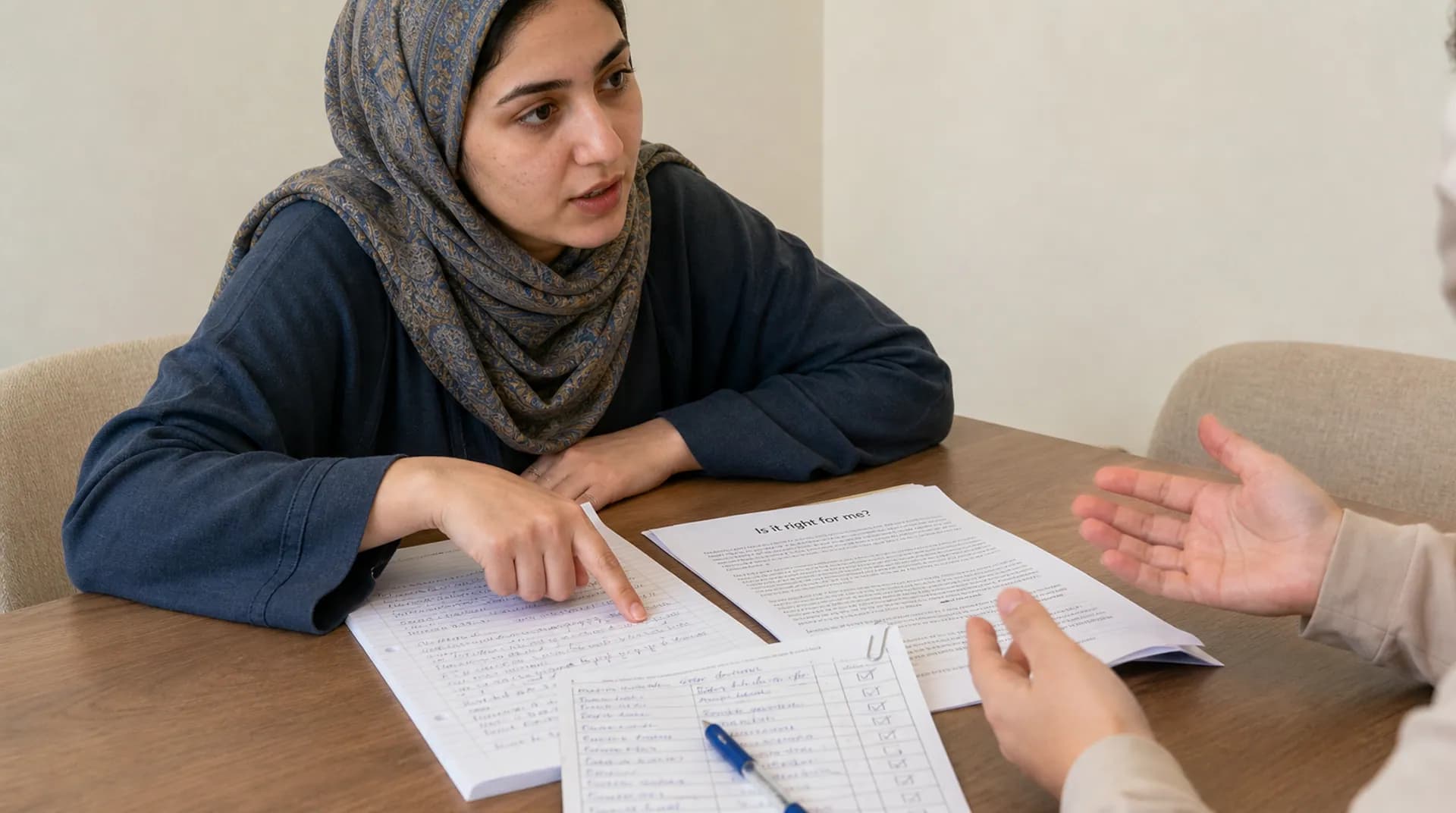 امرأة عُمانية تميل إلى الأمام وهي تسأل، وإصبعها على قائمة أسئلتها المكتوبة.