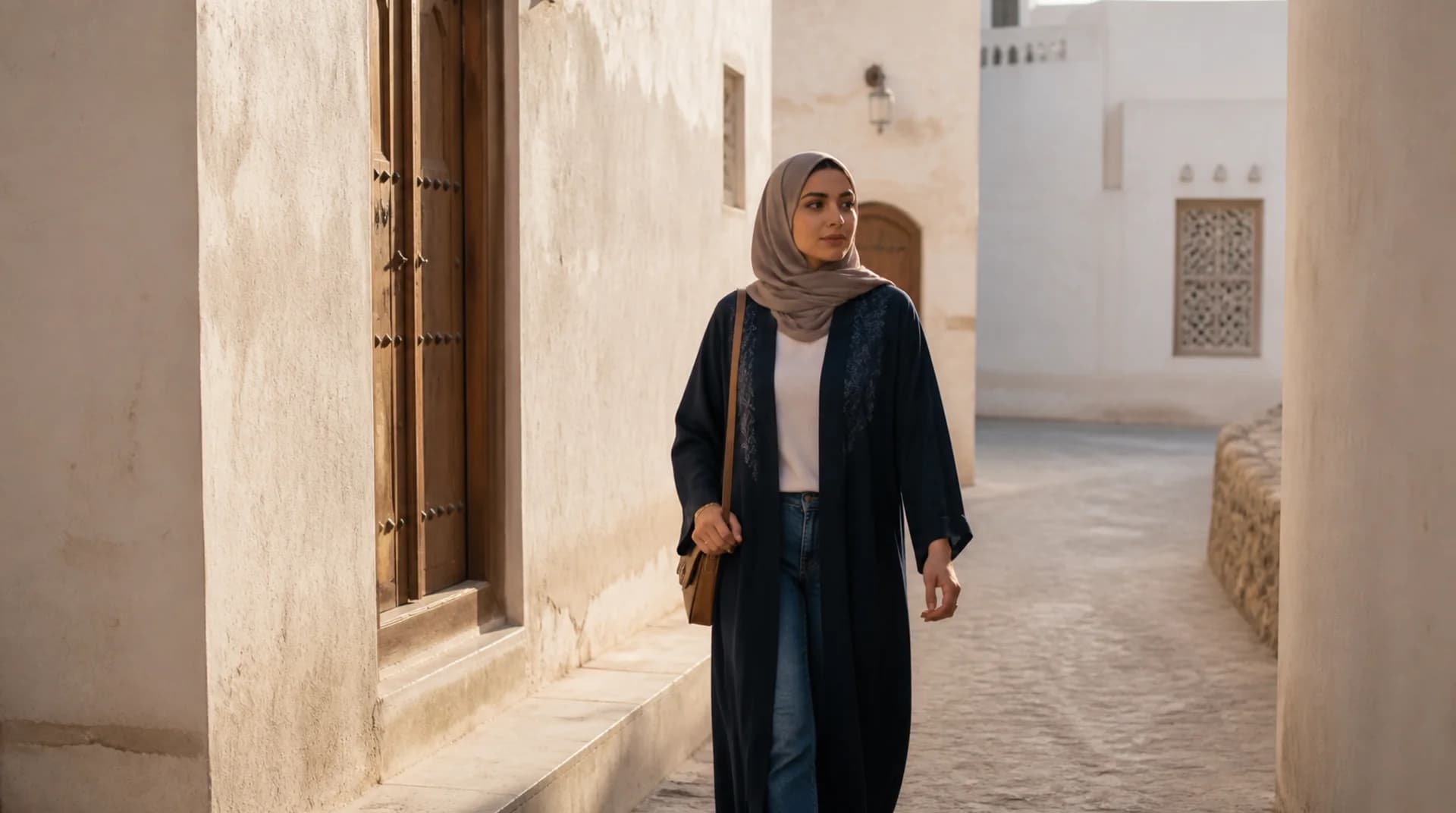 امرأة عُمانية تمشي على مهل في زقاق مظلل بين بيوت جصّية فاتحة.