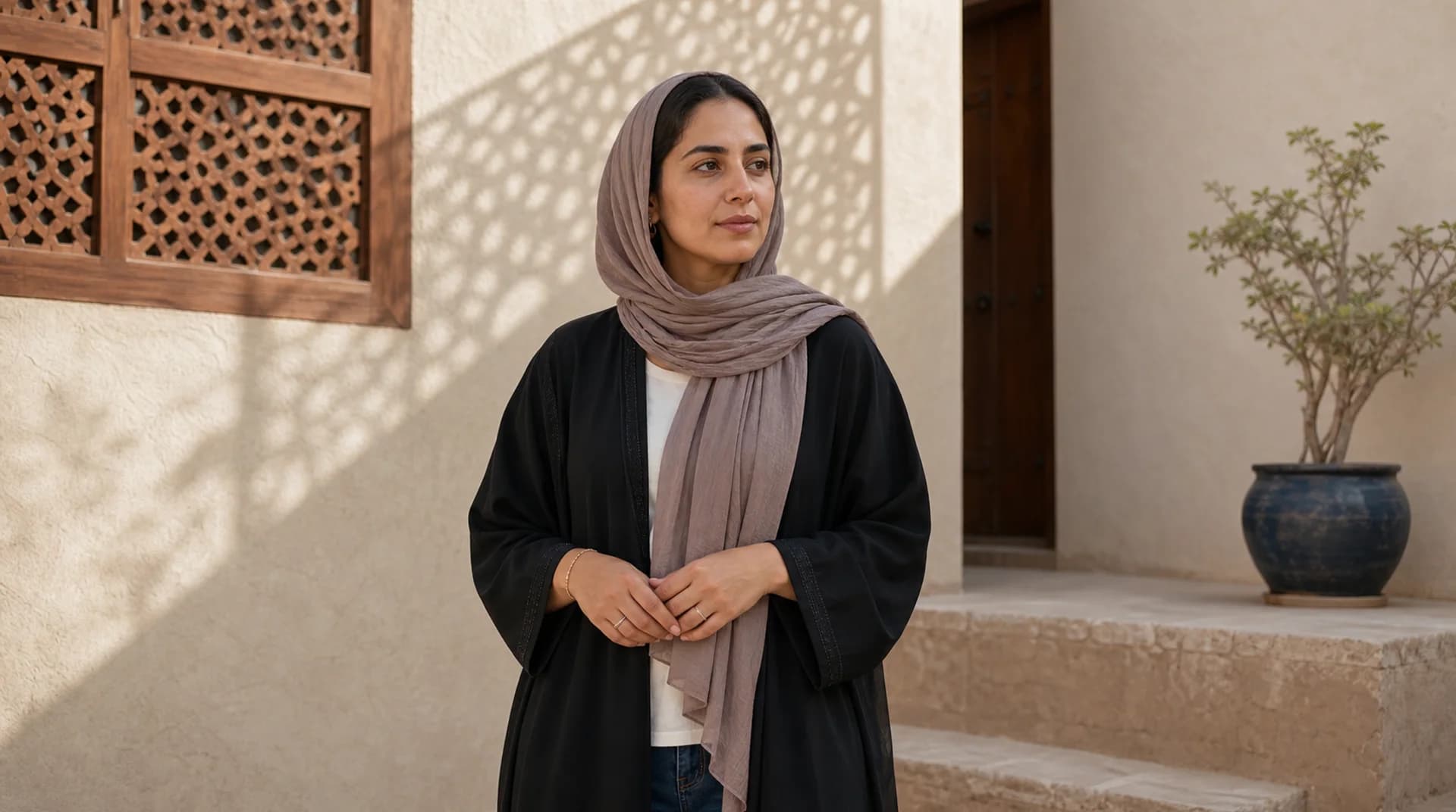 امرأة عُمانية بوضع ثلاثة أرباع أمام جدار فاتح في ضوء نهار ناعم.