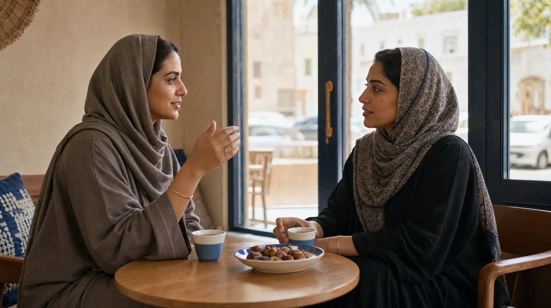 امرأتان عُمانيتان تتحدثان على فنجان قهوة في طاولة مقهى.