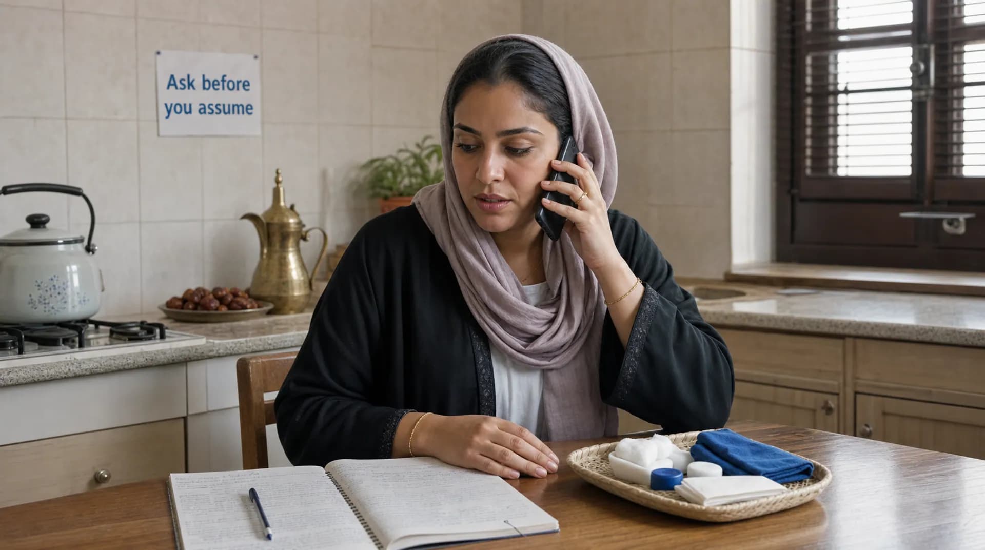 امرأة عُمانية على الهاتف في مطبخها وأمامها أدوات العناية بعد العملية.