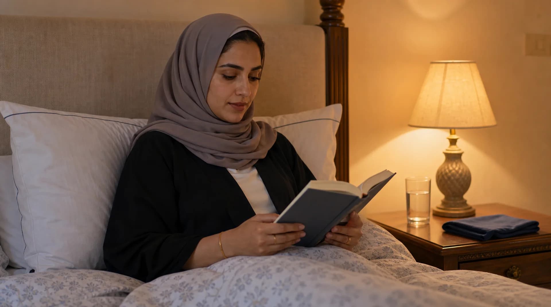 امرأة عُمانية مسنودة إلى وسادتين تقرأ على ضوء مصباح بجانب السرير ليلاً.