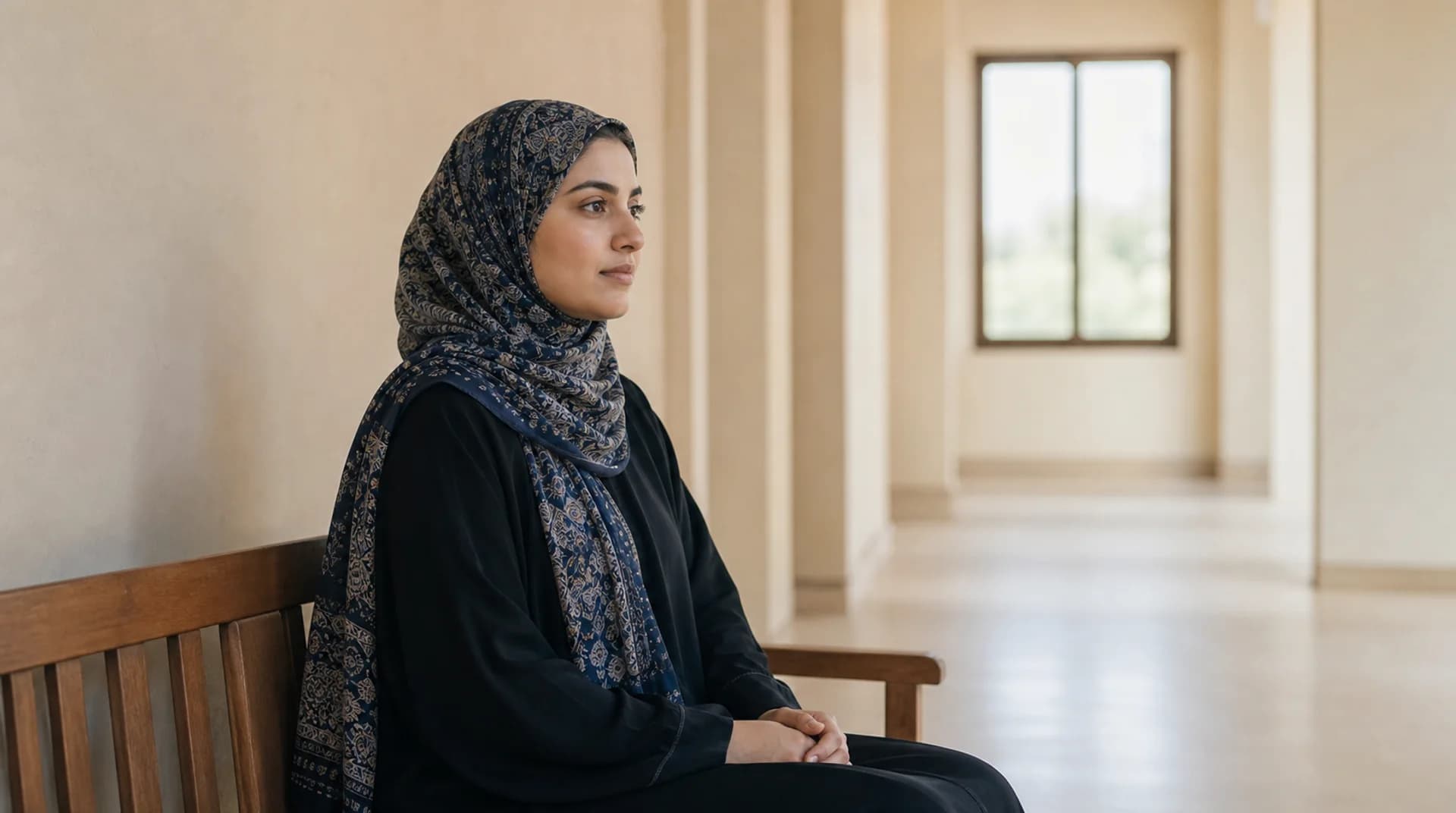 امرأة عُمانية تجلس بهدوء على مقعد في ممر خالٍ.