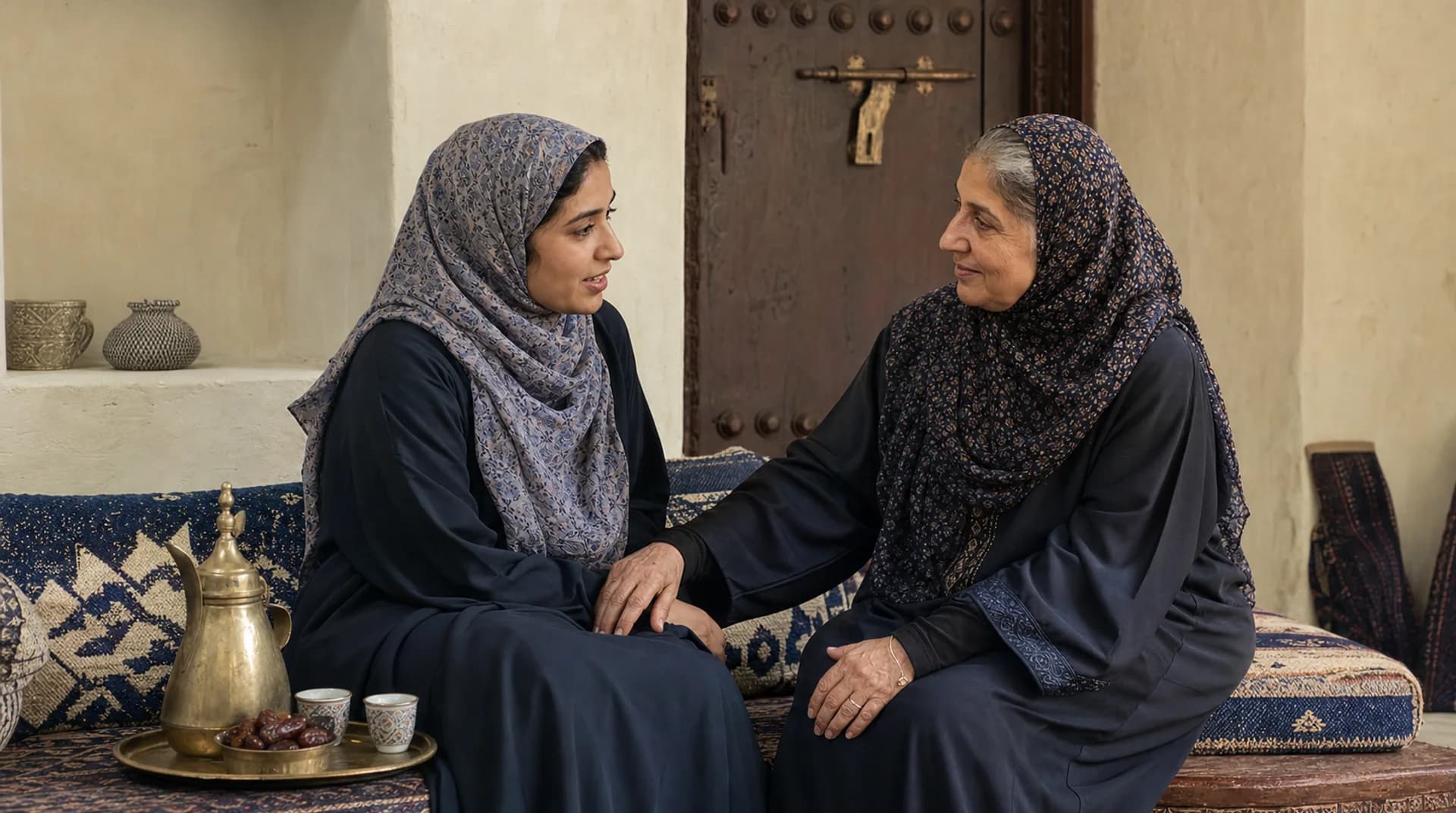 امرأتان عُمانيتان على مقعد المجلس، إحداهما تصغي للأخرى باهتمام.