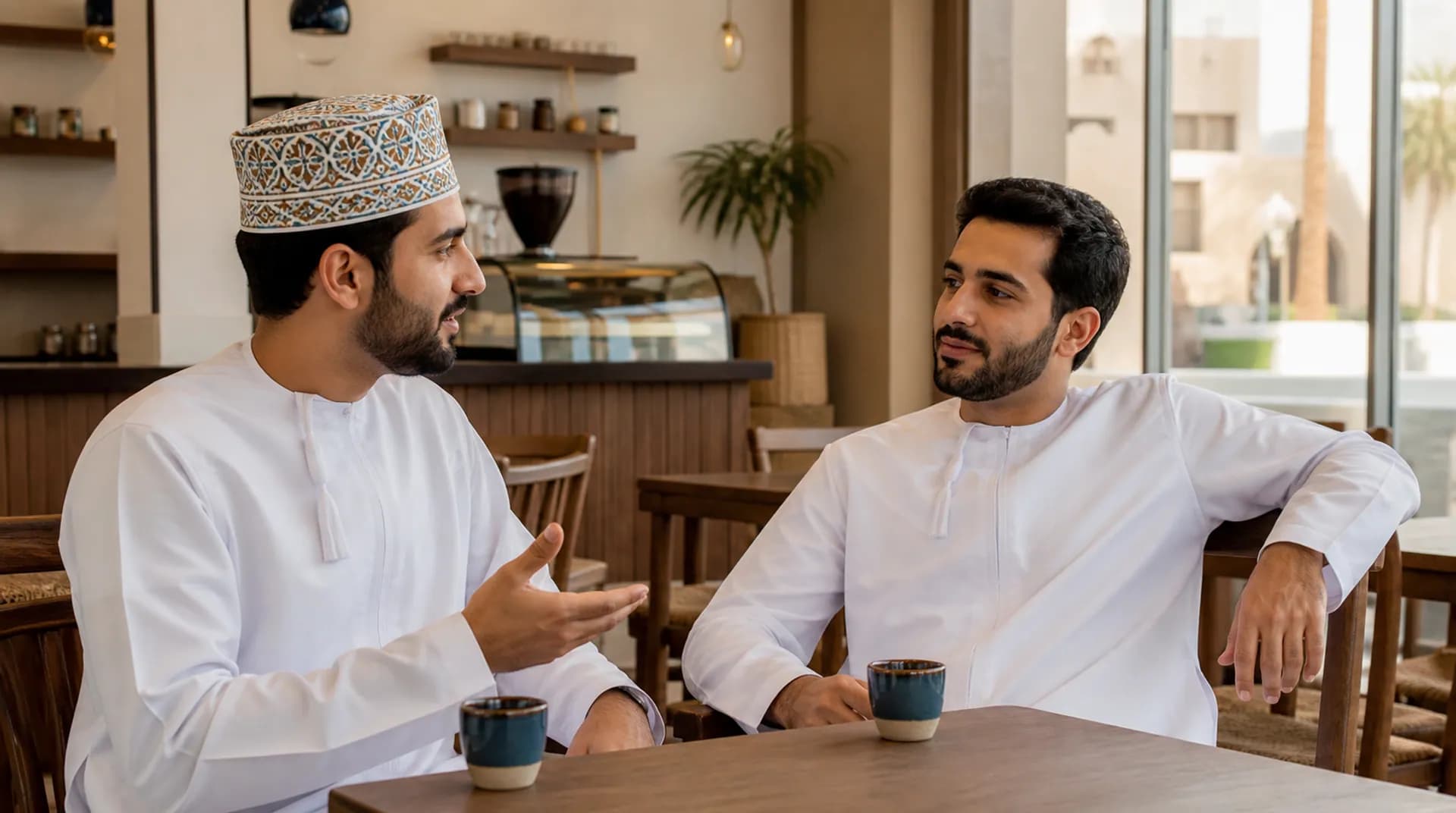 رجلان عُمانيان يتحدثان على فنجان قهوة في طاولة مقهى.