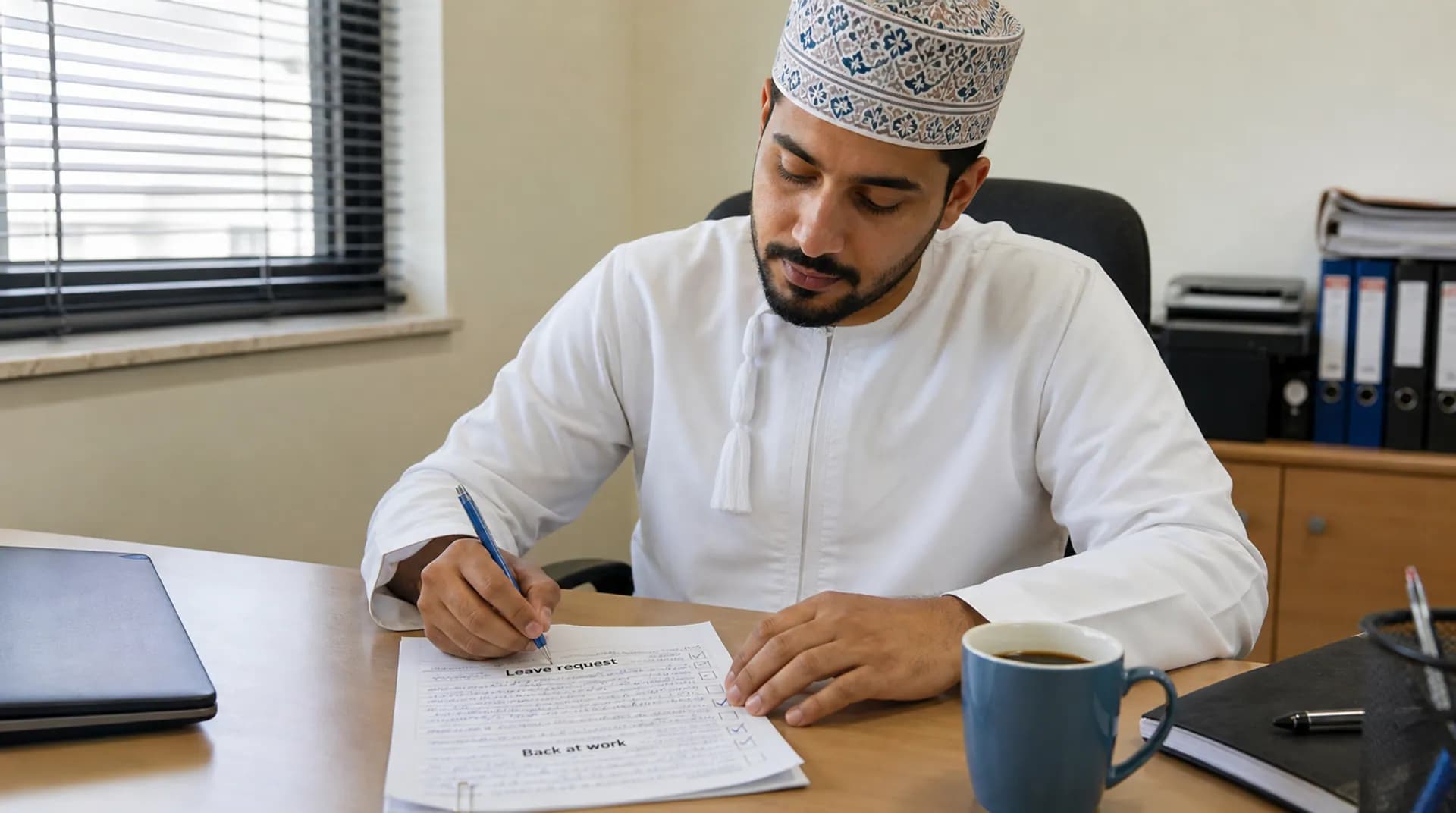 رجل عُماني يعمل على مكتبه بجانب حاسوب محمول مغلق.