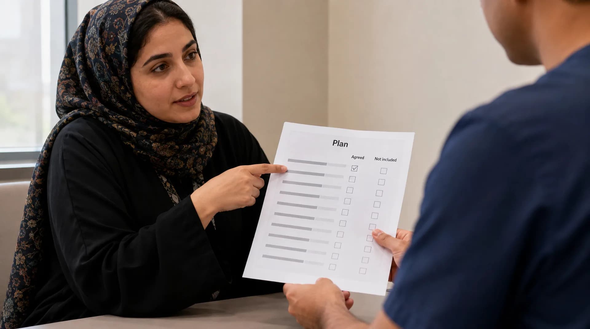 طبيب يُدير خطة مطبوعة نحو امرأة عُمانية، والبند الأول وحده مؤشّر.