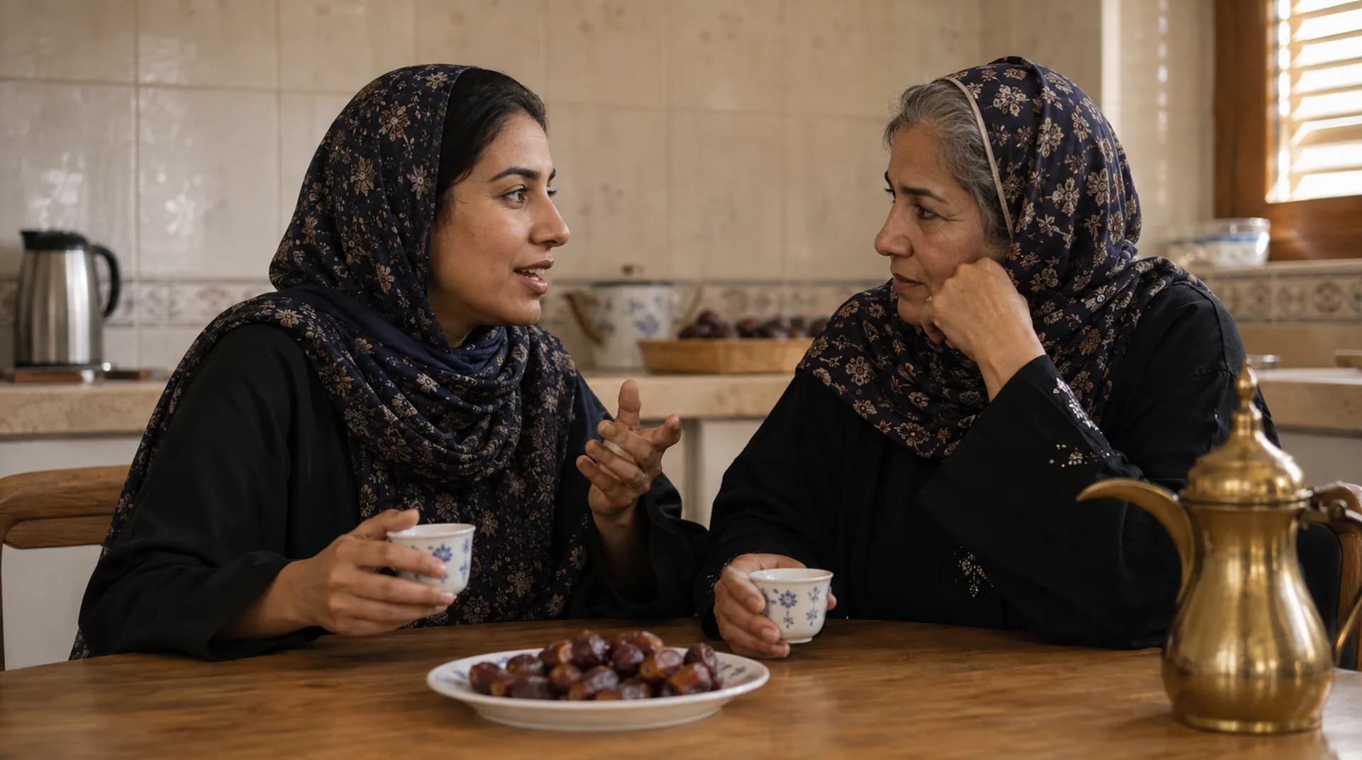امرأة عُمانية شابة وأخرى كبيرة تتحدثان على القهوة في المطبخ.