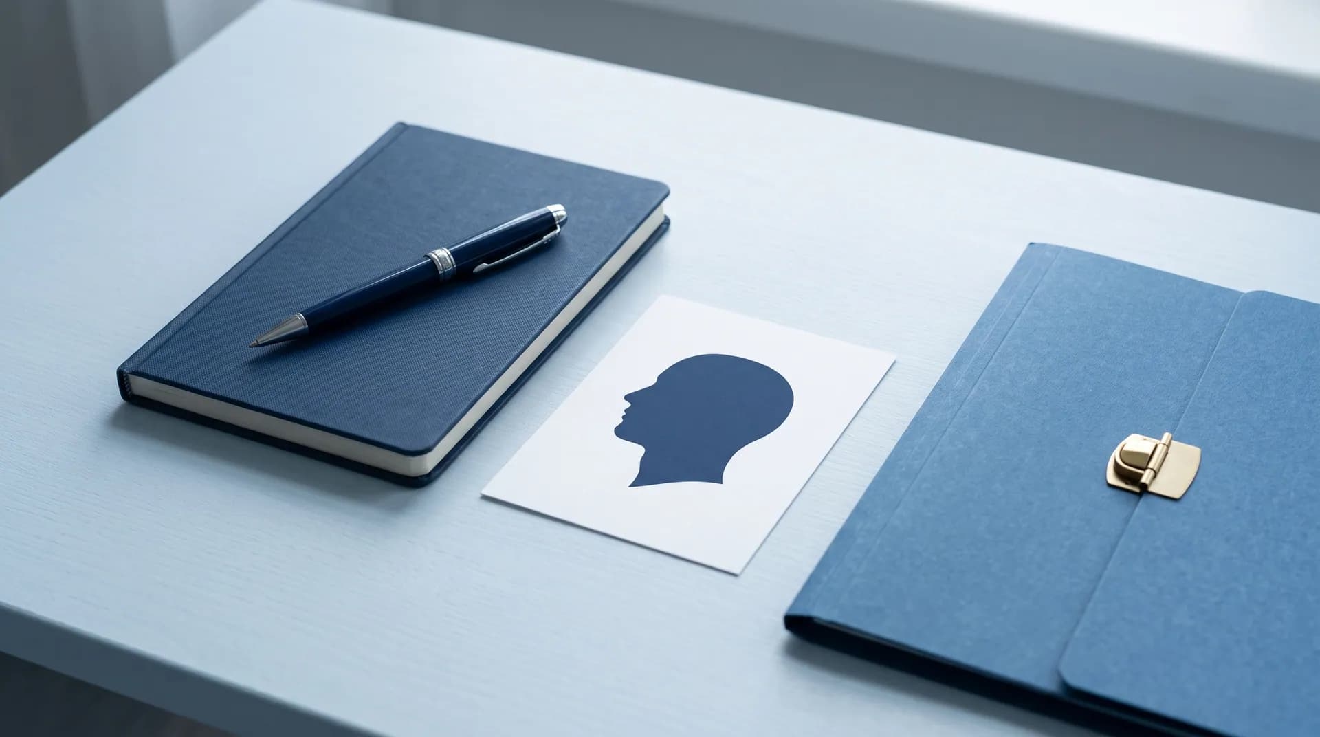 A blank consultation notebook and a closed folder, a careful case review.