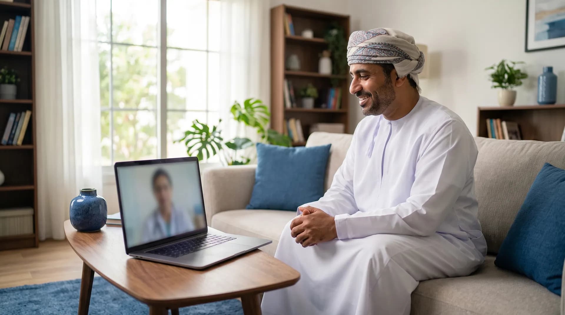 An adult at home in Oman having a private video follow-up.